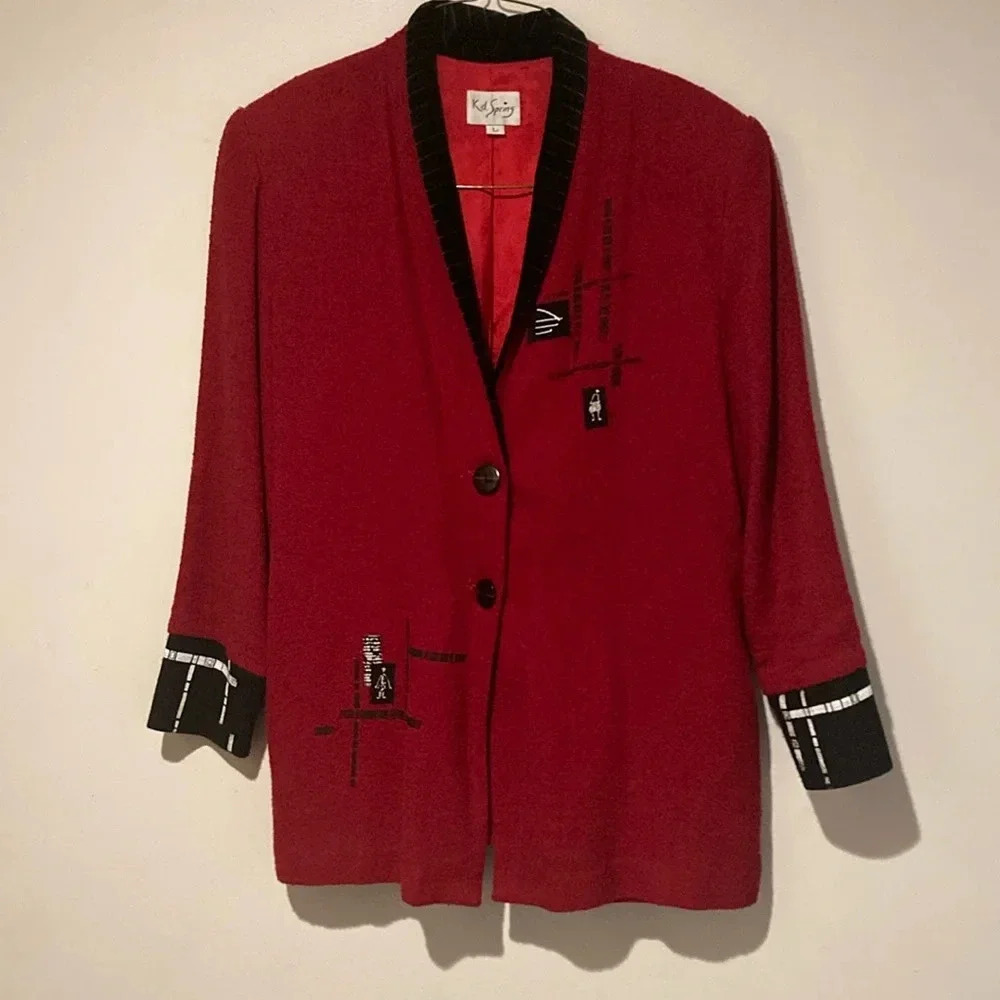 Vintage K.D. Spring wearable art blazer womens L Red Boho artsy layering - Picture 2 of 16